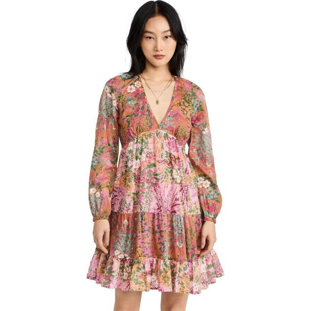 Banjanan Hilary‎ Dress Loki's Garden Caramel & Lilac Ruffle Floral Boho Tiered S
